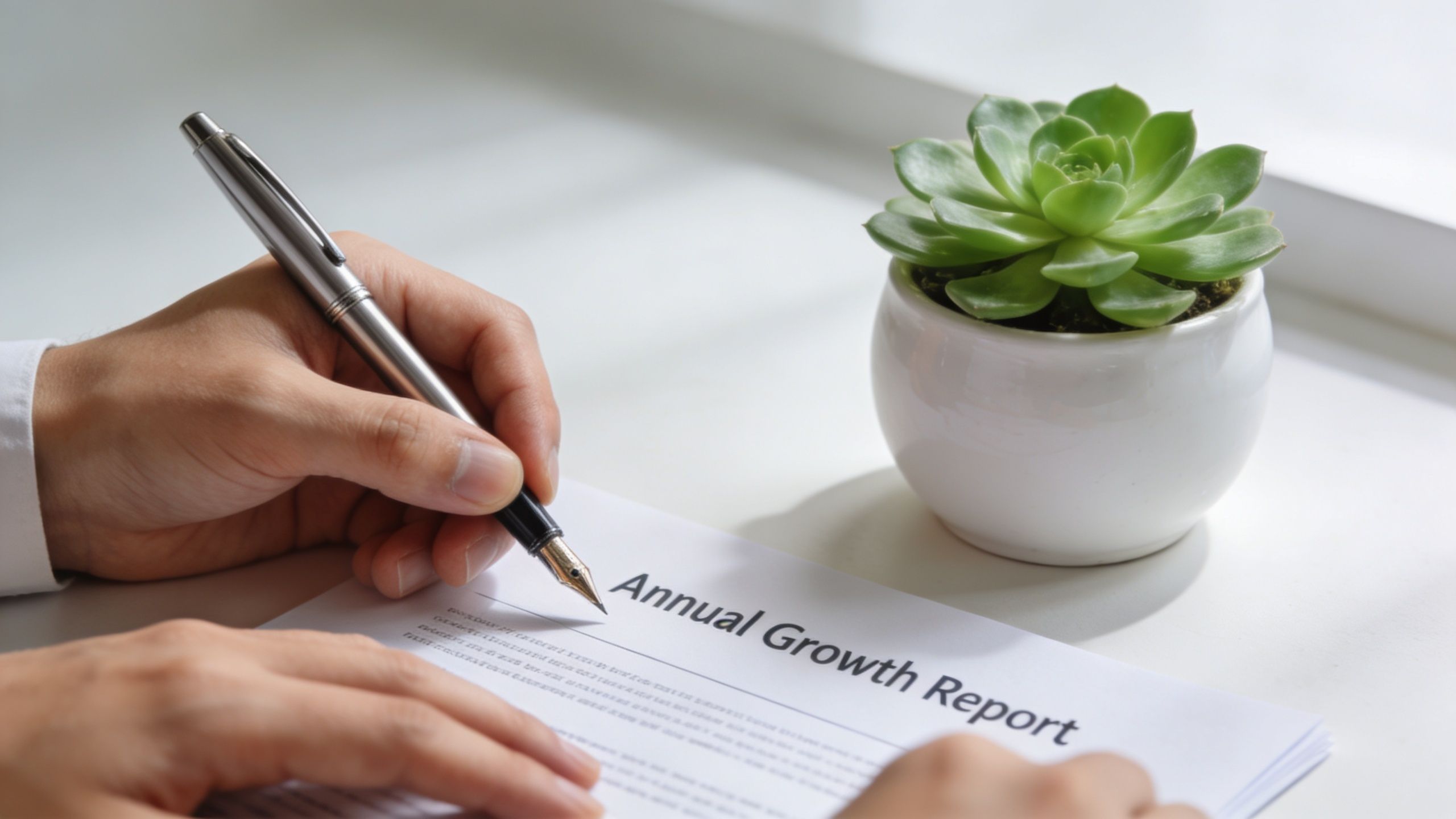 A close-up view of a person signing an Annual Growth Report document beside a small succulent.