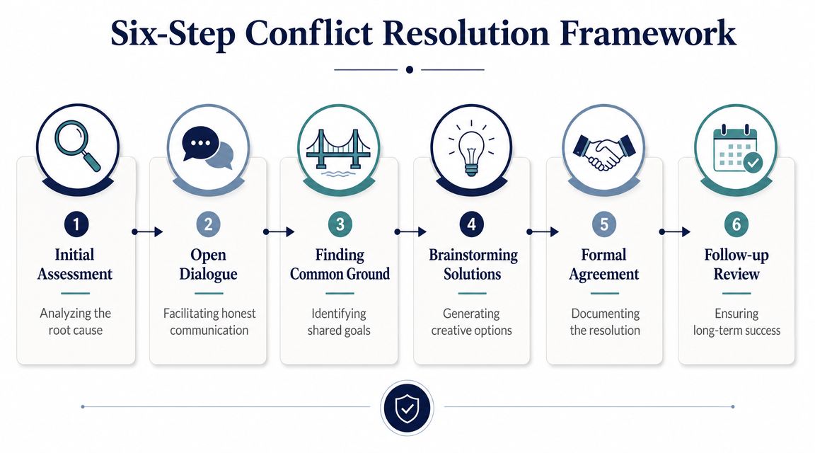 A six-step conflict resolution framework infographic illustrating the process from initial assessment to final follow-up review.