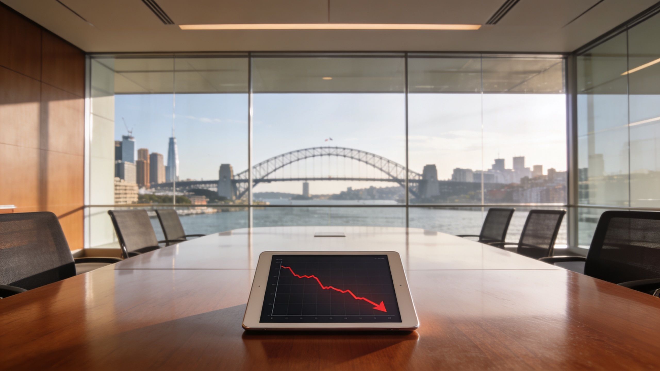 A digital tablet displaying a red downward trending stock market graph on a boardroom table overlooking Sydney.