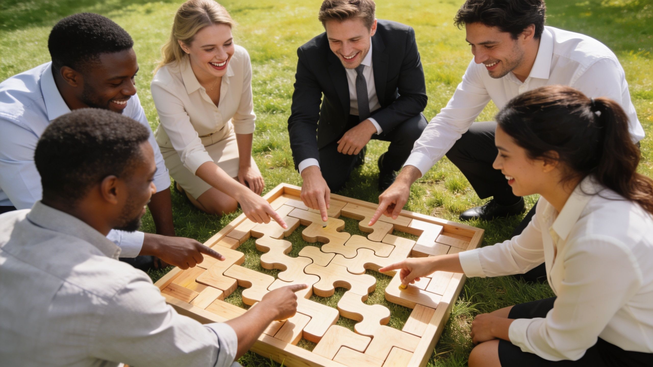 A diverse group of business professionals collaborating on a large wooden puzzle on a grassy lawn.