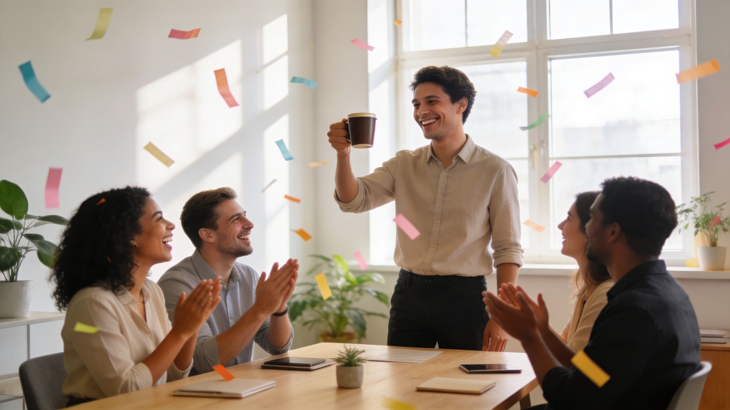A diverse group of colleagues celebrating their coworker during a team meeting in a bright office space.