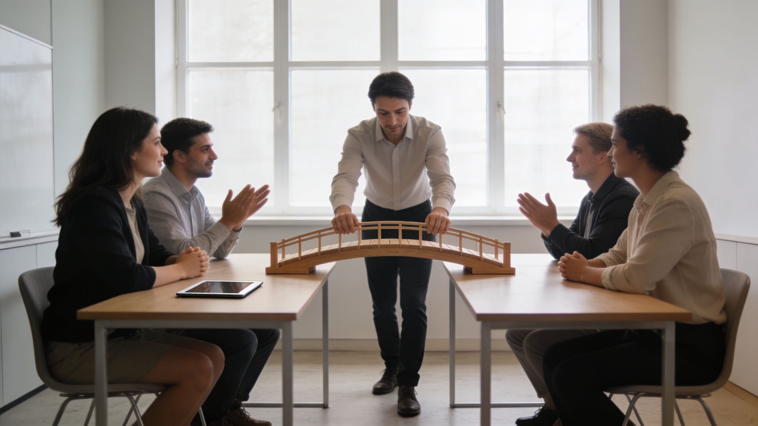 A professional team sitting at tables applauding a man presenting a wooden bridge model in an office.