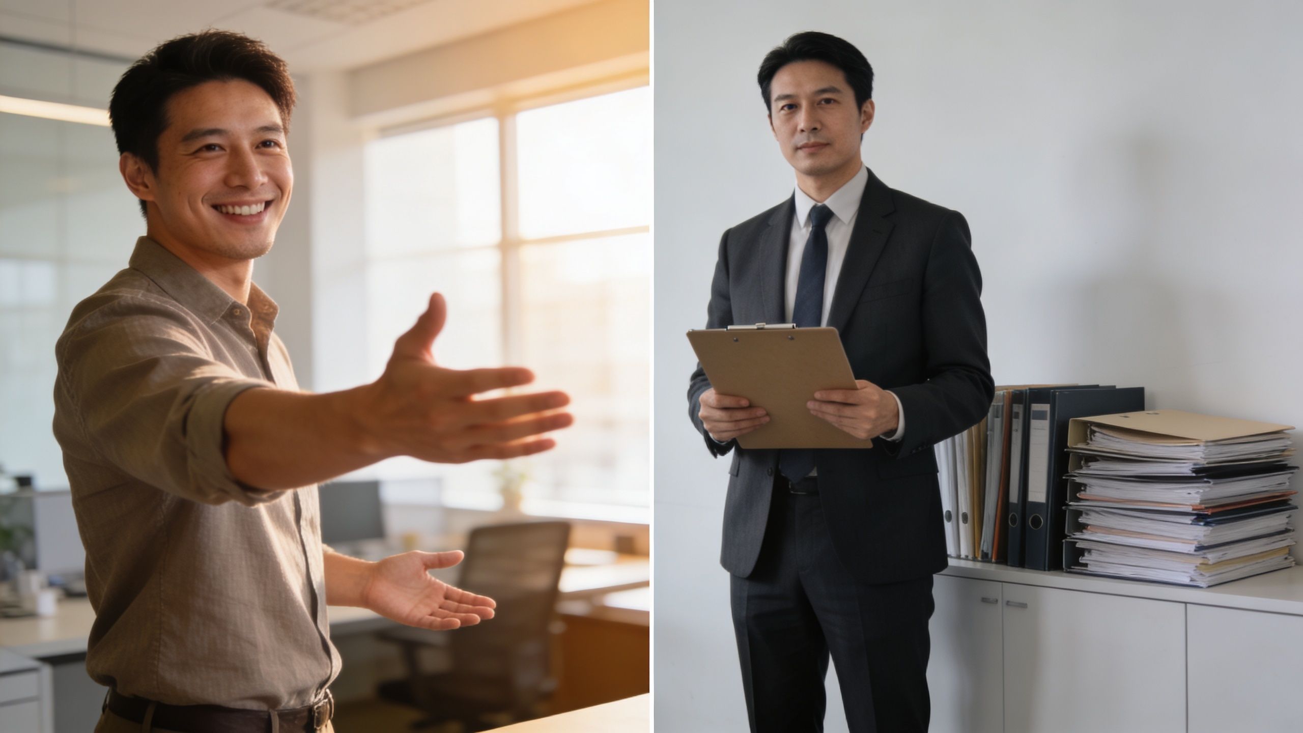 A split image showing a friendly leader welcoming someone and a professional manager holding a clipboard.