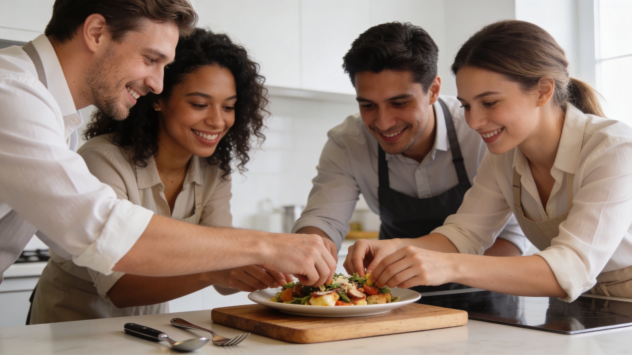 A diverse group of happy colleagues preparing a healthy salad together during a team building cooking class.