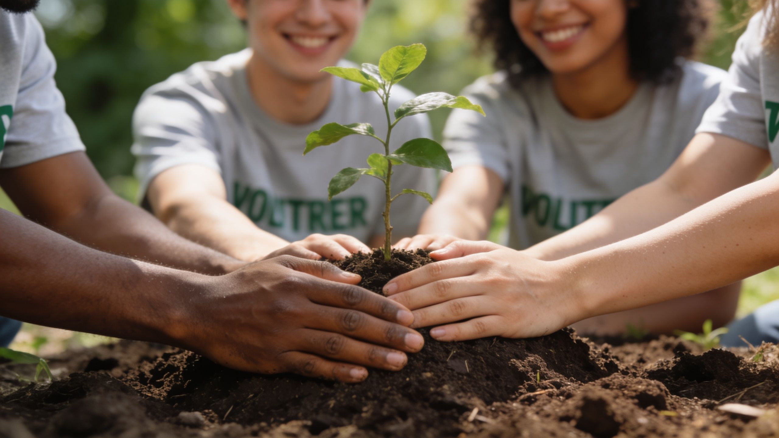 A diverse group of volunteers working together to plant a young green sapling in the soil.
