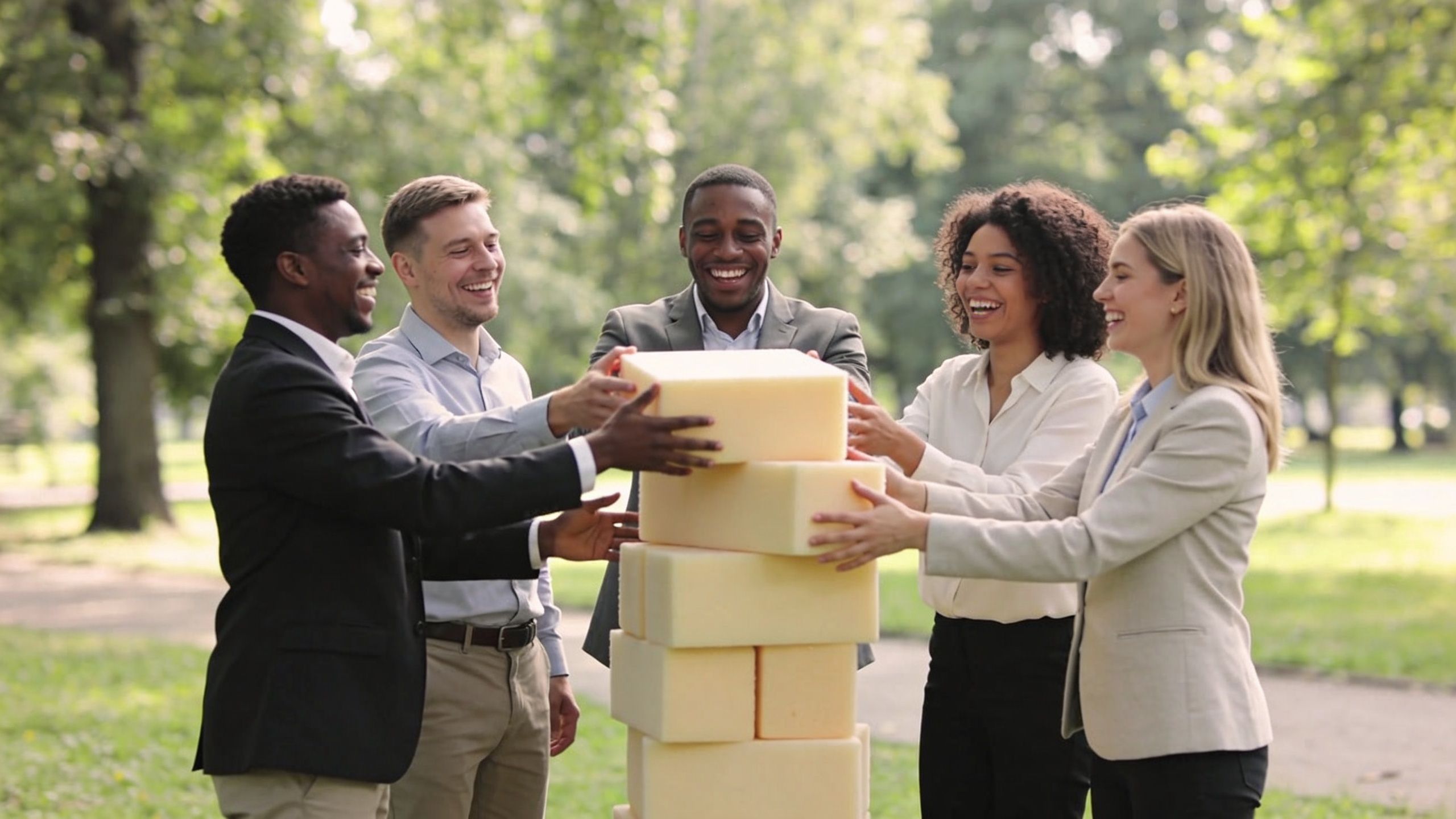 A diverse group of professional colleagues laughing while stacking foam blocks in a sunny park.