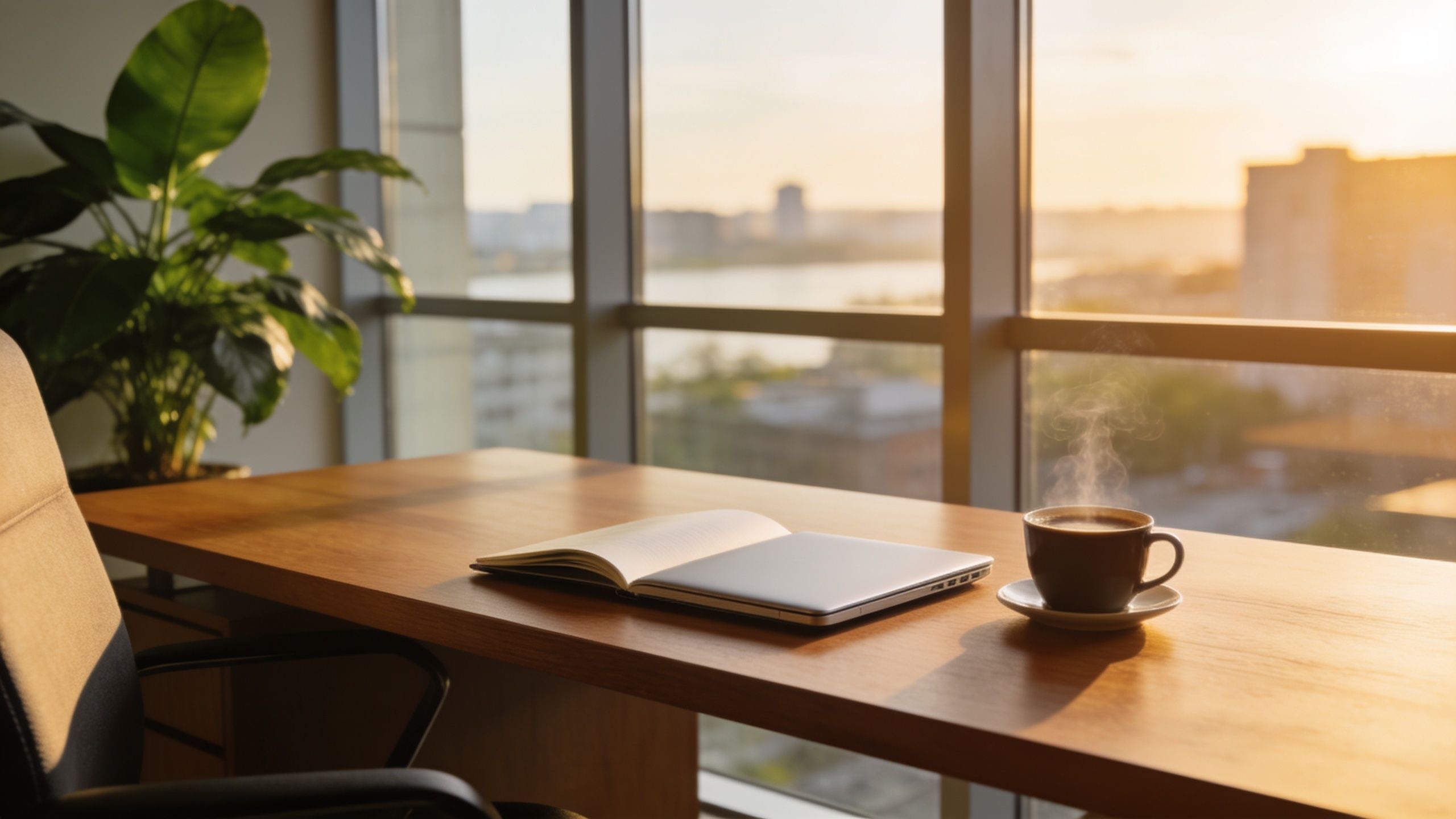 A serene office desk featuring an open notebook, a sleek laptop, and a steaming cup of coffee.