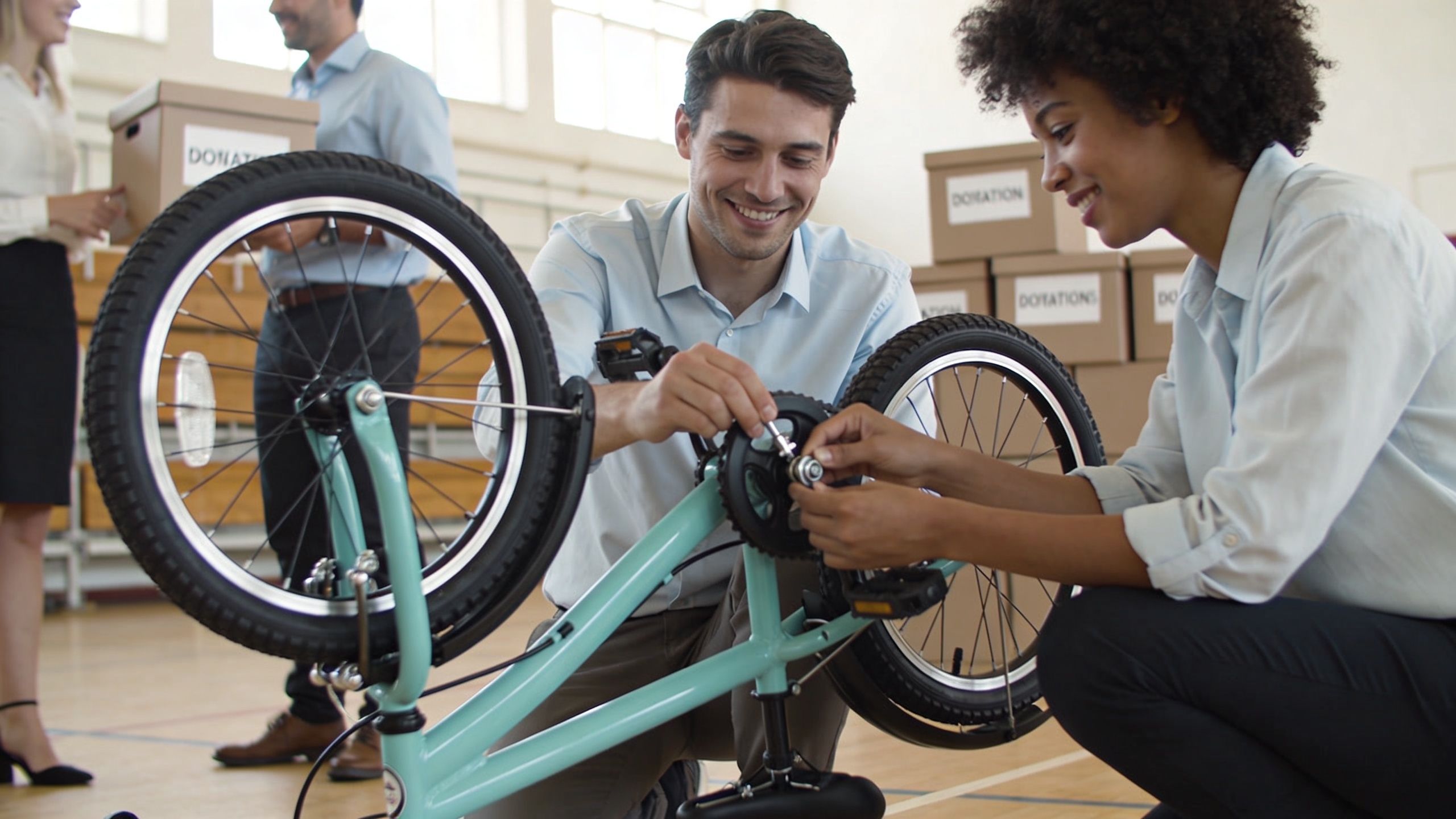 A diverse group of volunteers working together to assemble a bicycle as part of a charity project.
