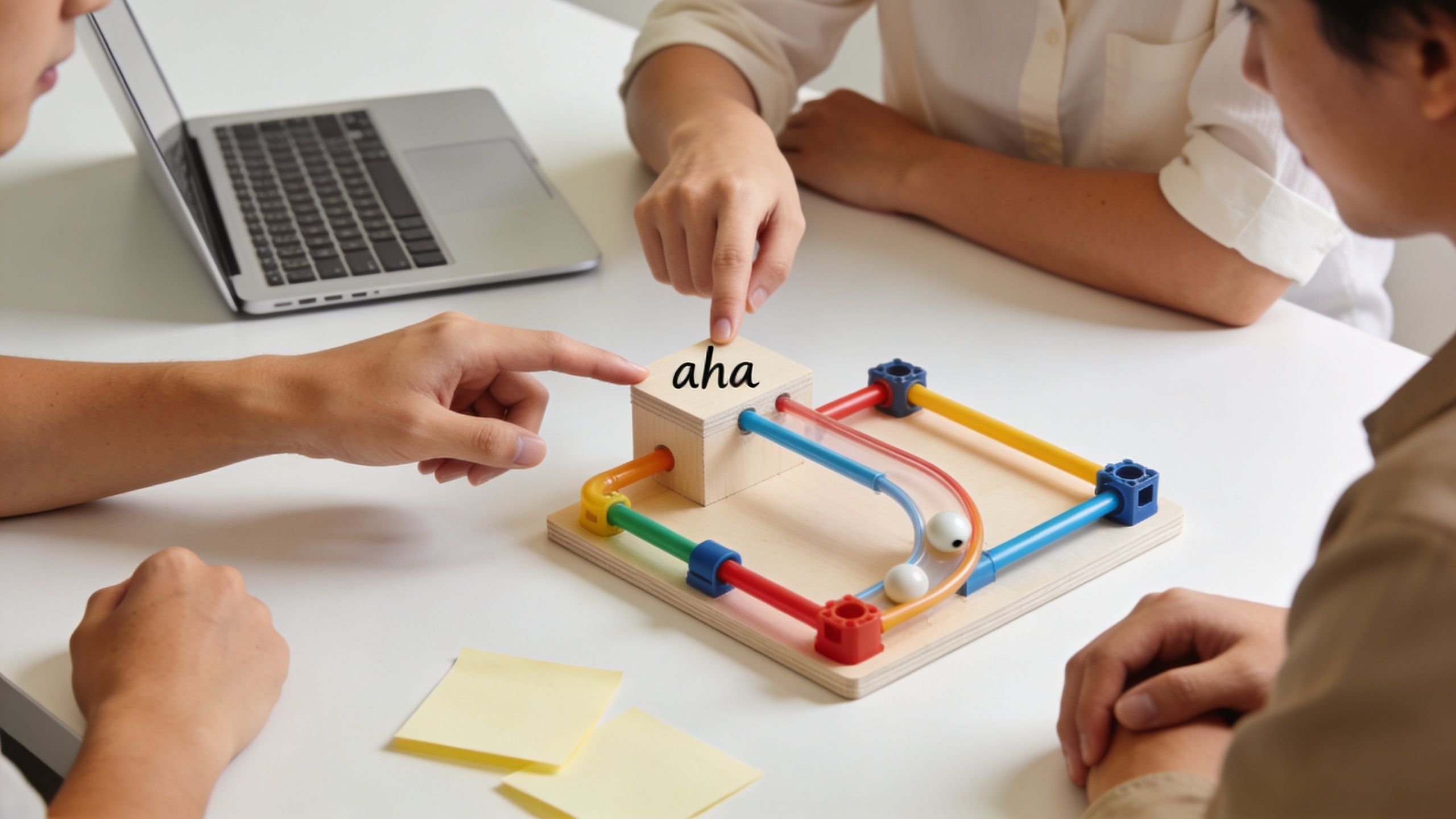 A diverse team collaborating on a playful problem-solving game with a wooden block marked with the word aha.