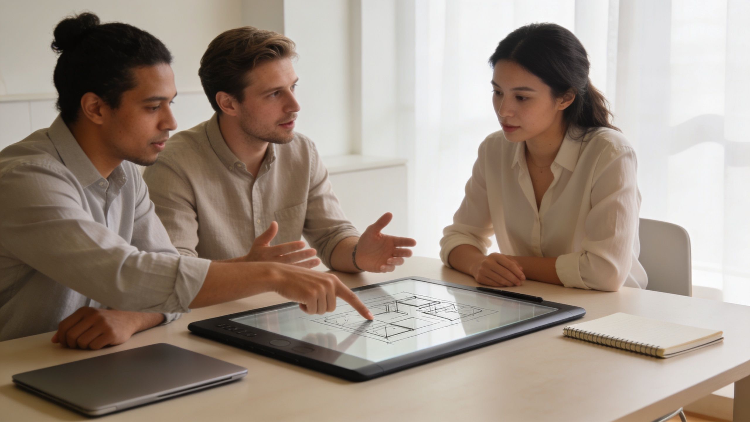 A professional team of three architects collaborating on a digital blueprint on a tablet at a desk.