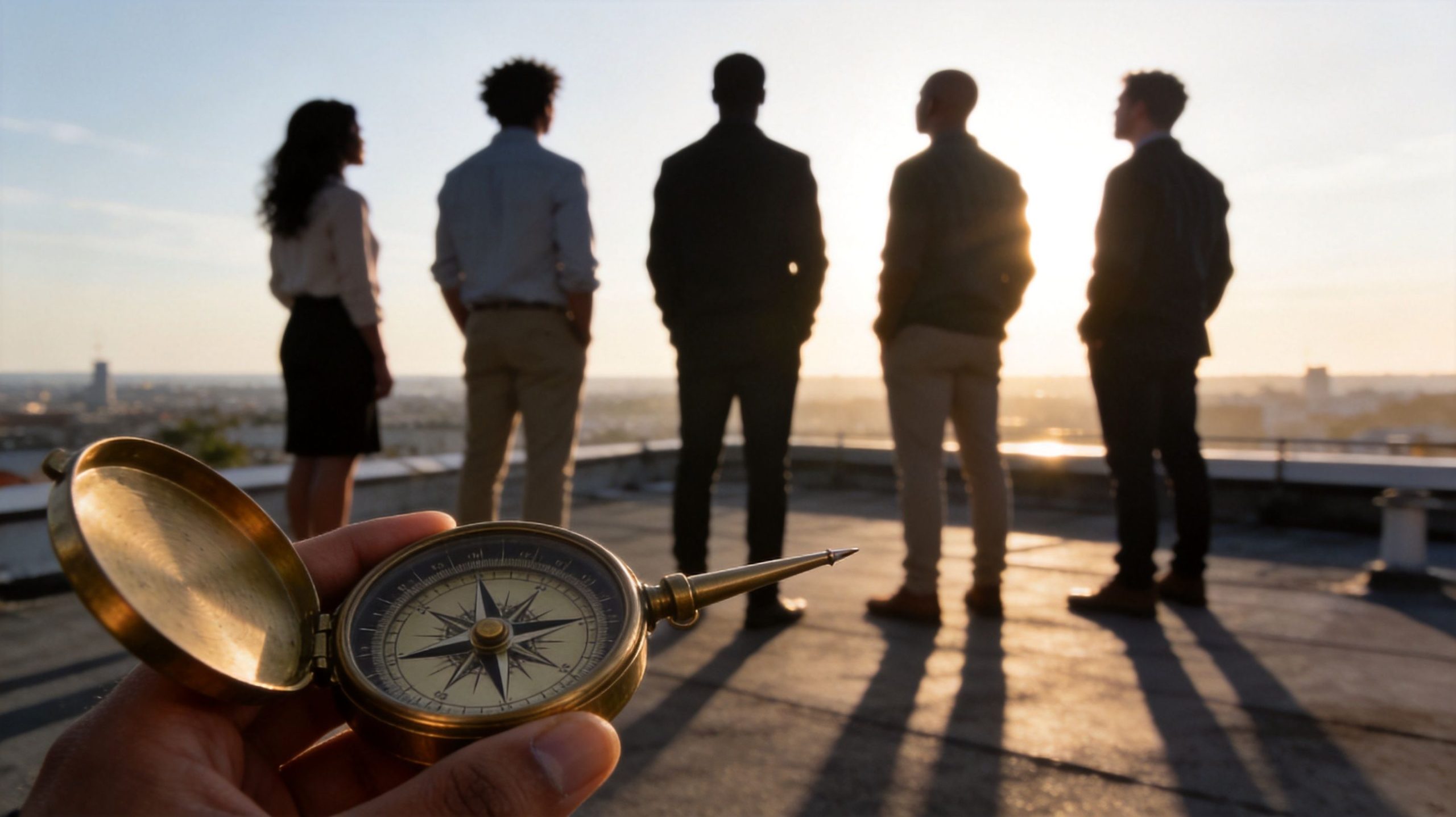 A professional team standing on a rooftop at sunset looking at the horizon with a compass.