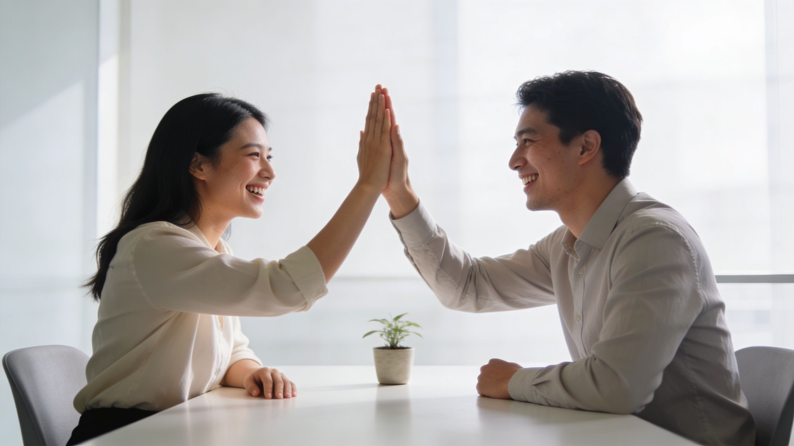 A professional man and woman smiling and giving each other a high five in an office setting.
