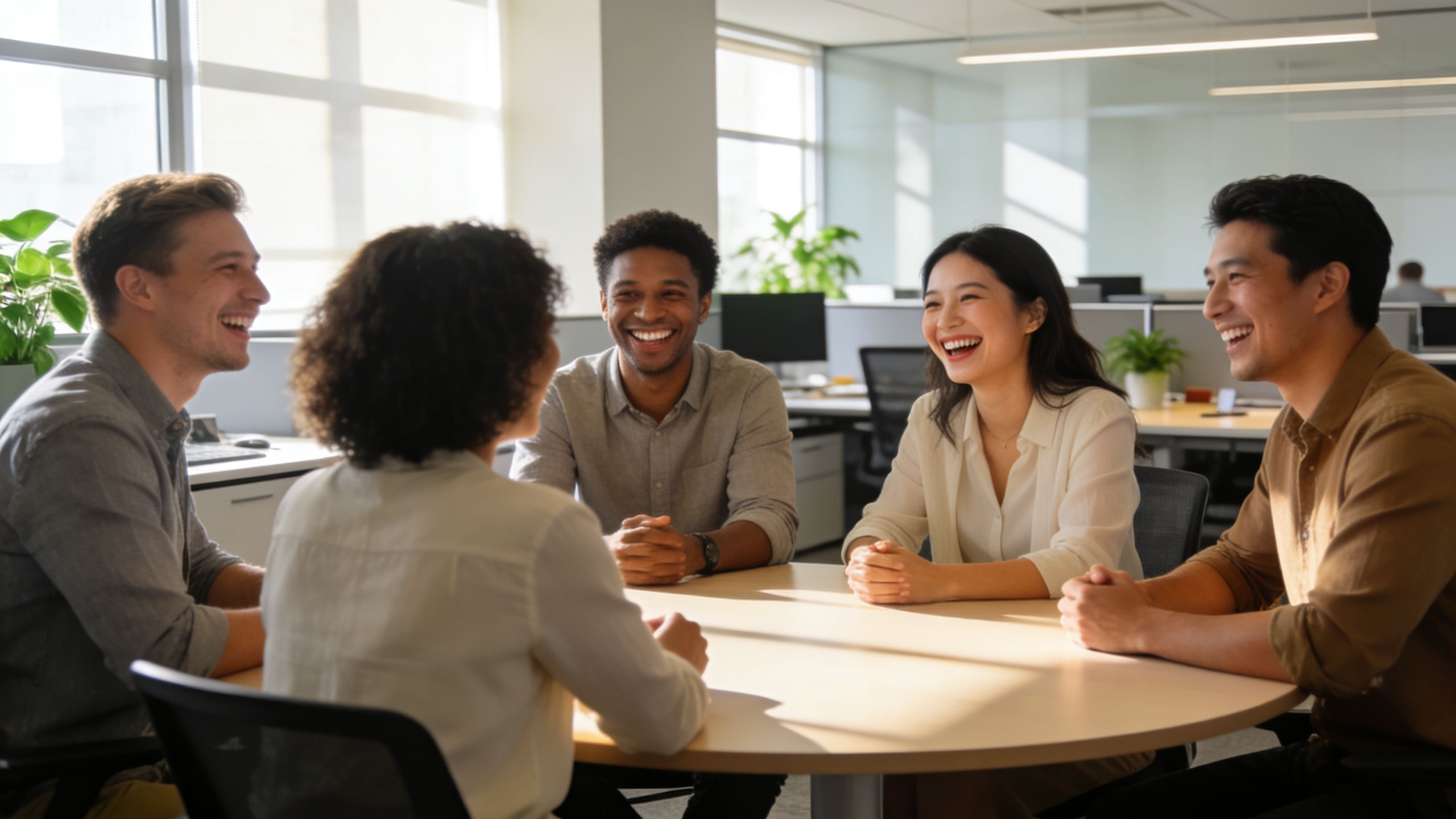A diverse group of colleagues sitting around a circular table in an office laughing together.