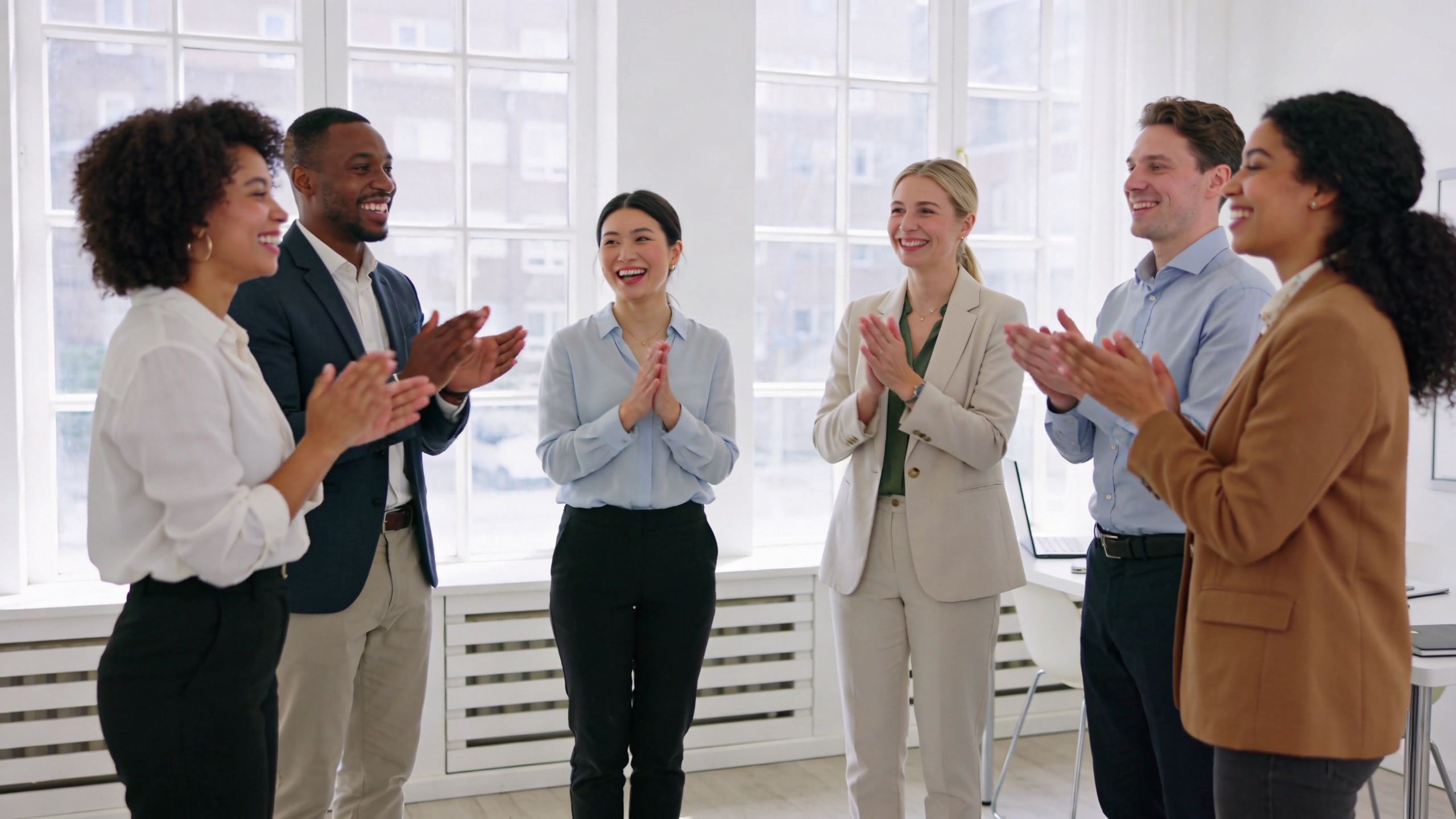 A diverse team of professionals in office attire smiling and clapping together in a bright workspace.