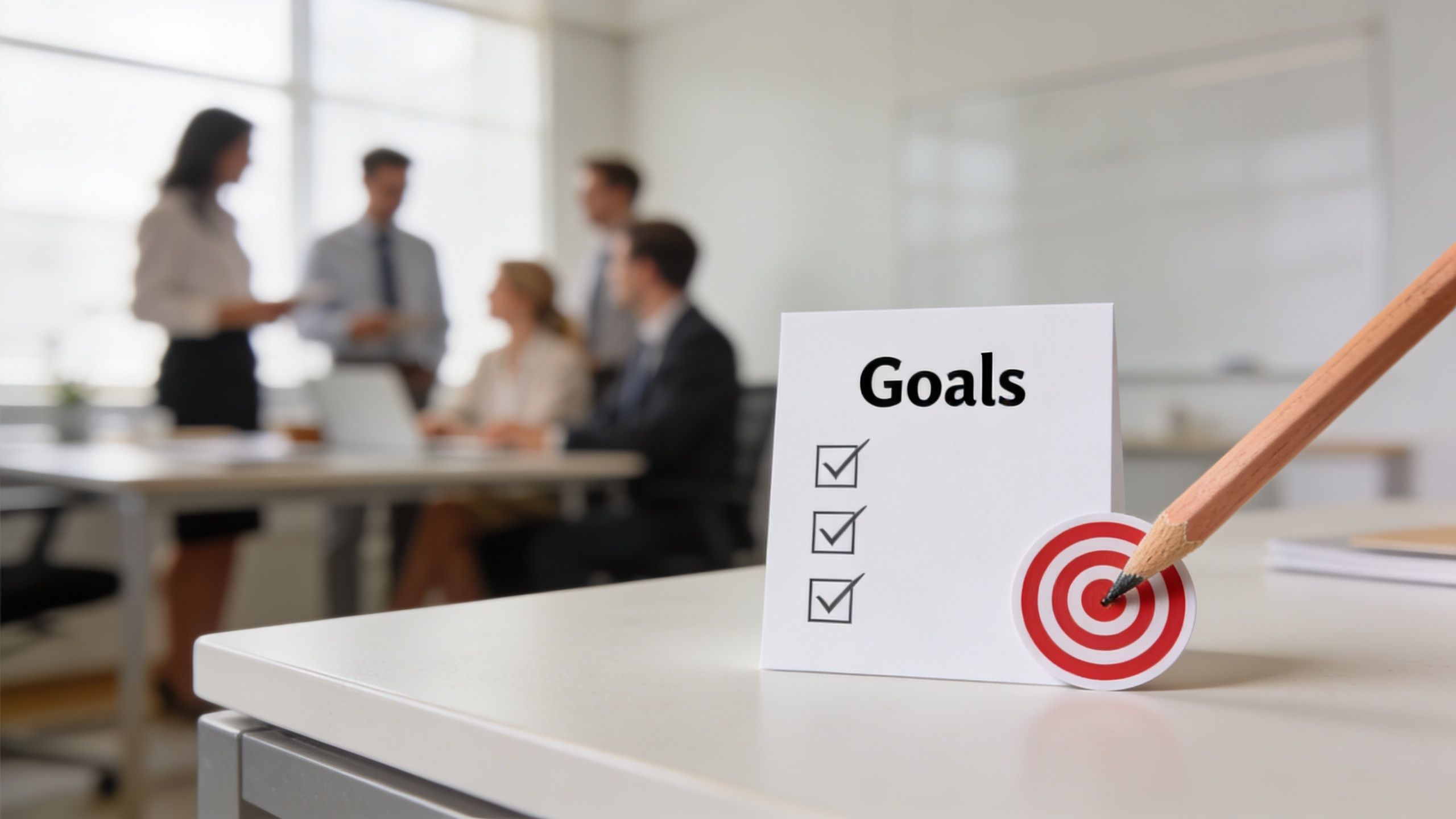 A notepad labeled Goals with checked boxes and a target symbol placed on a desk in an office.