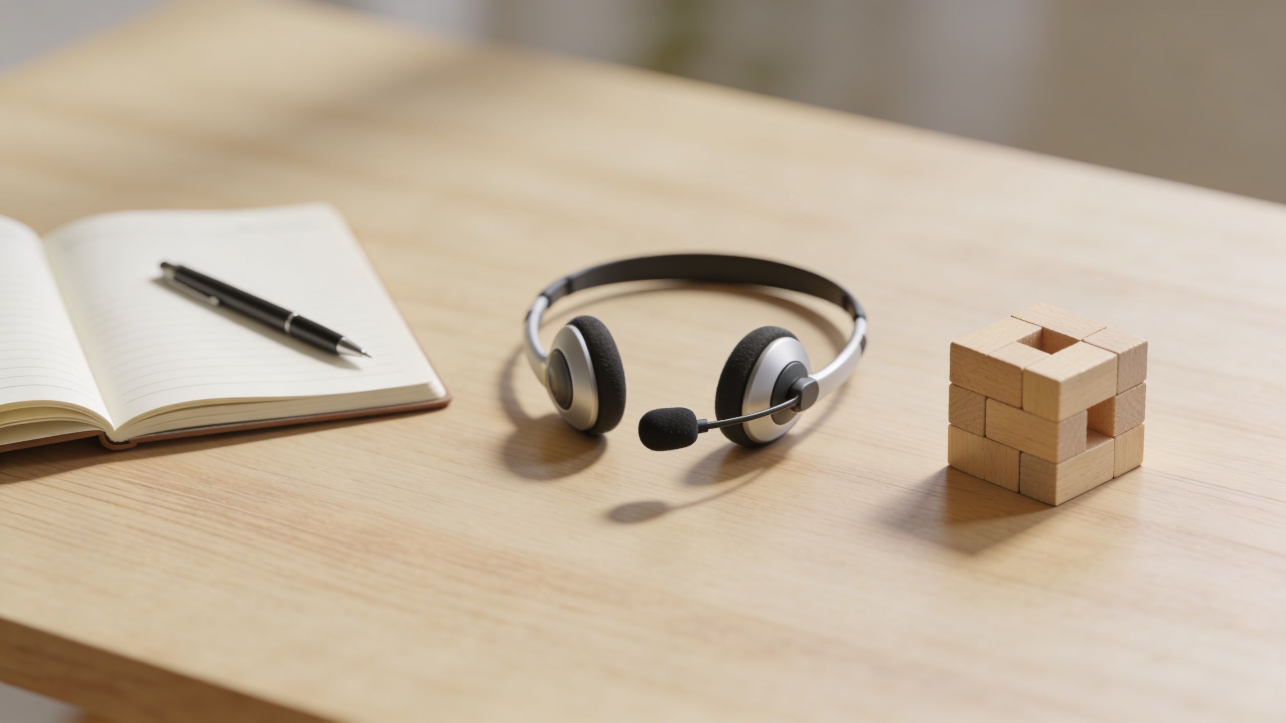 A wooden desk featuring an open notebook with a pen, headphones, and a small wooden block puzzle.