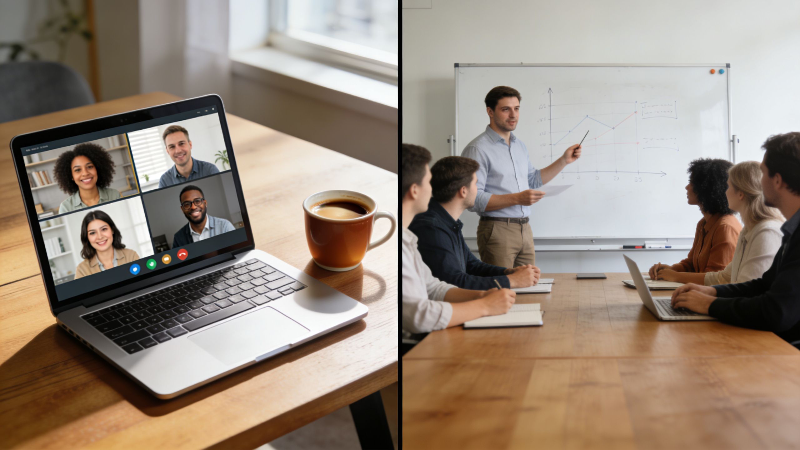 A split screen showing a remote video conference on a laptop alongside an in-person business training meeting.