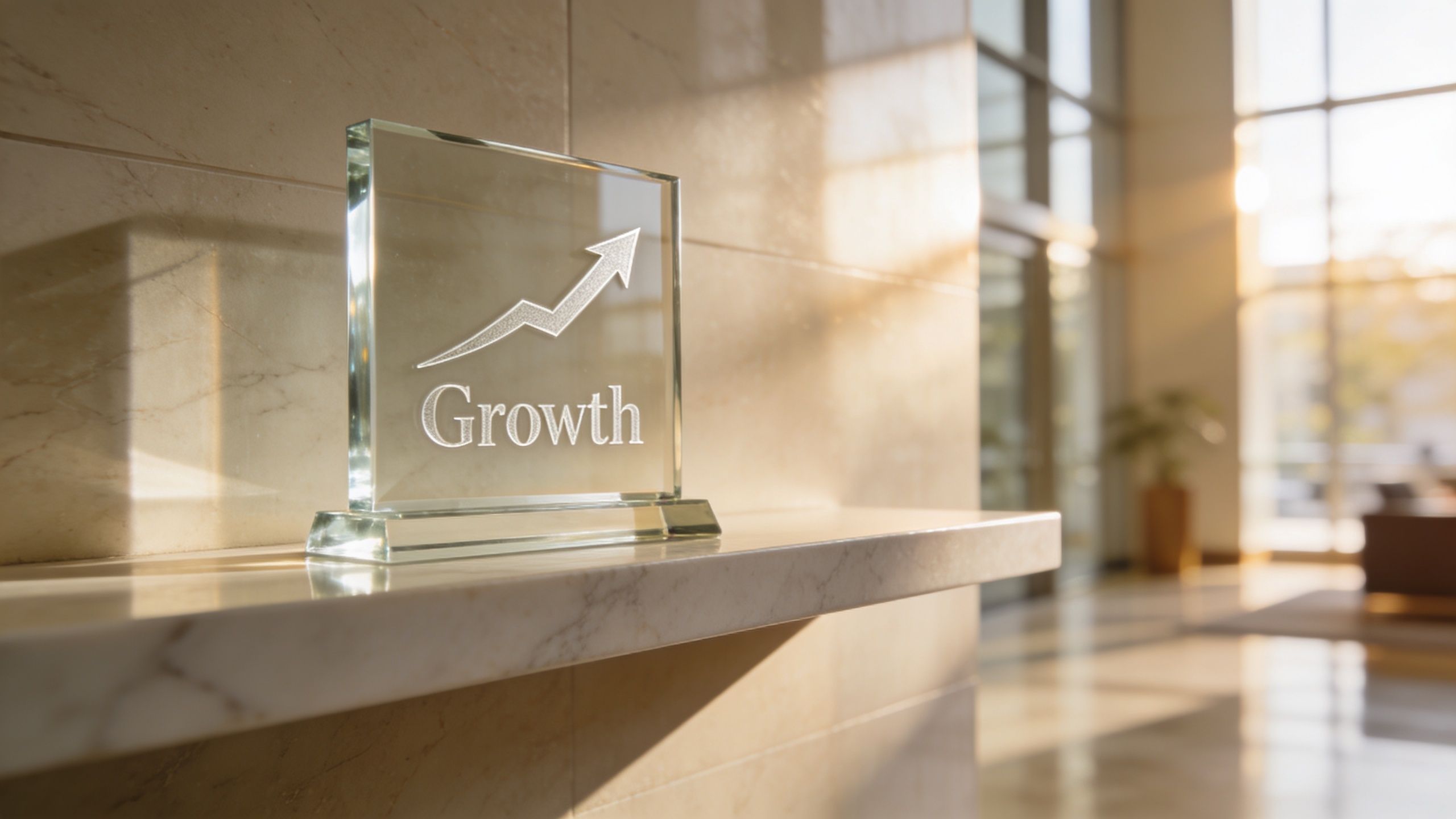 A glass award with a growth arrow symbol and the word Growth sits on a marble ledge.