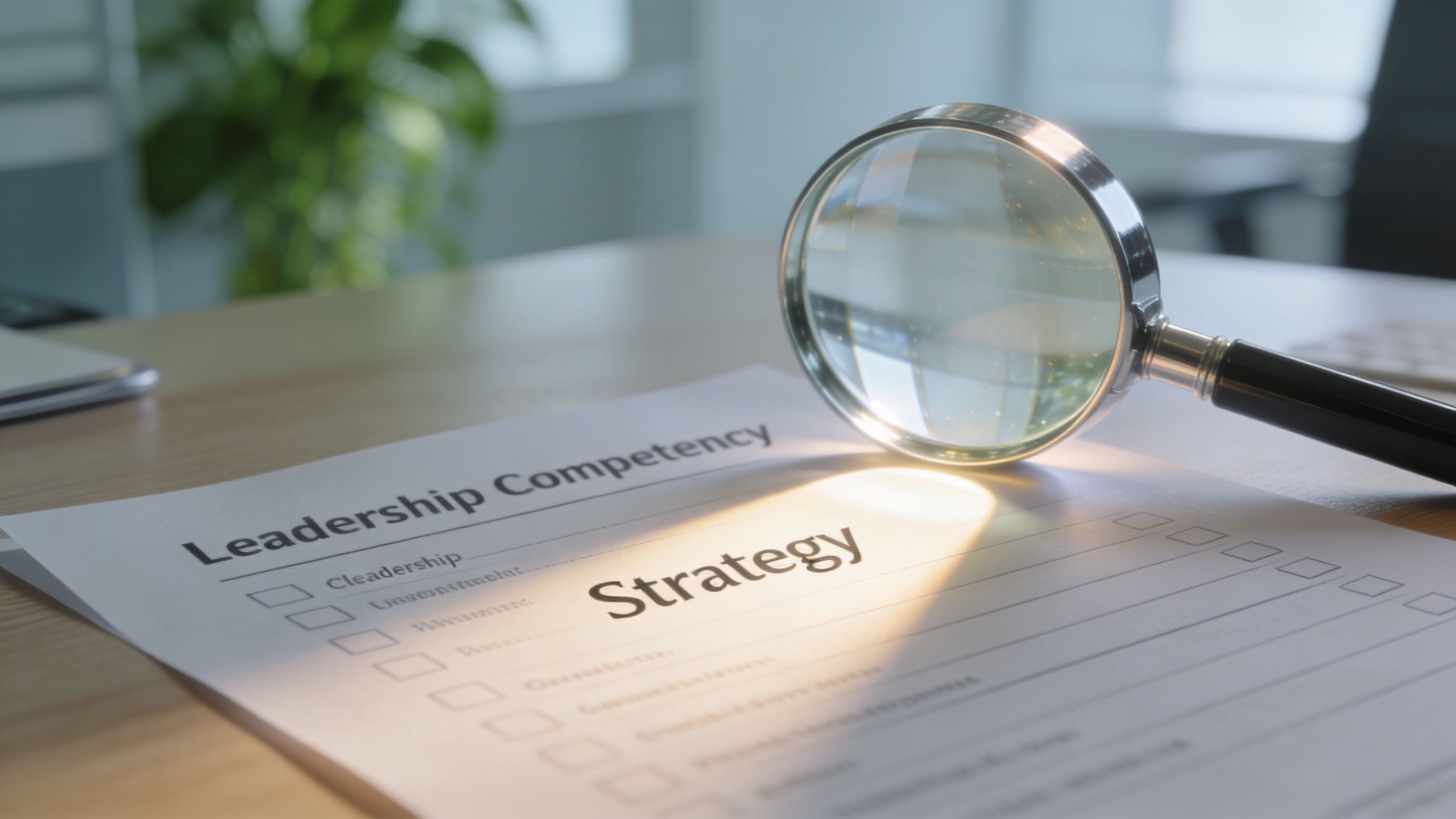 A magnifying glass focused on the word Strategy on a leadership competency assessment form on a desk.