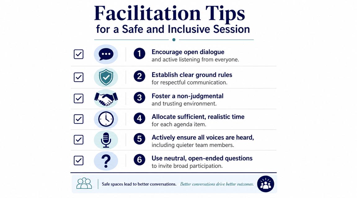 A checklist infographic titled Facilitation Tips for a Safe and Inclusive Session with six points for better meetings.