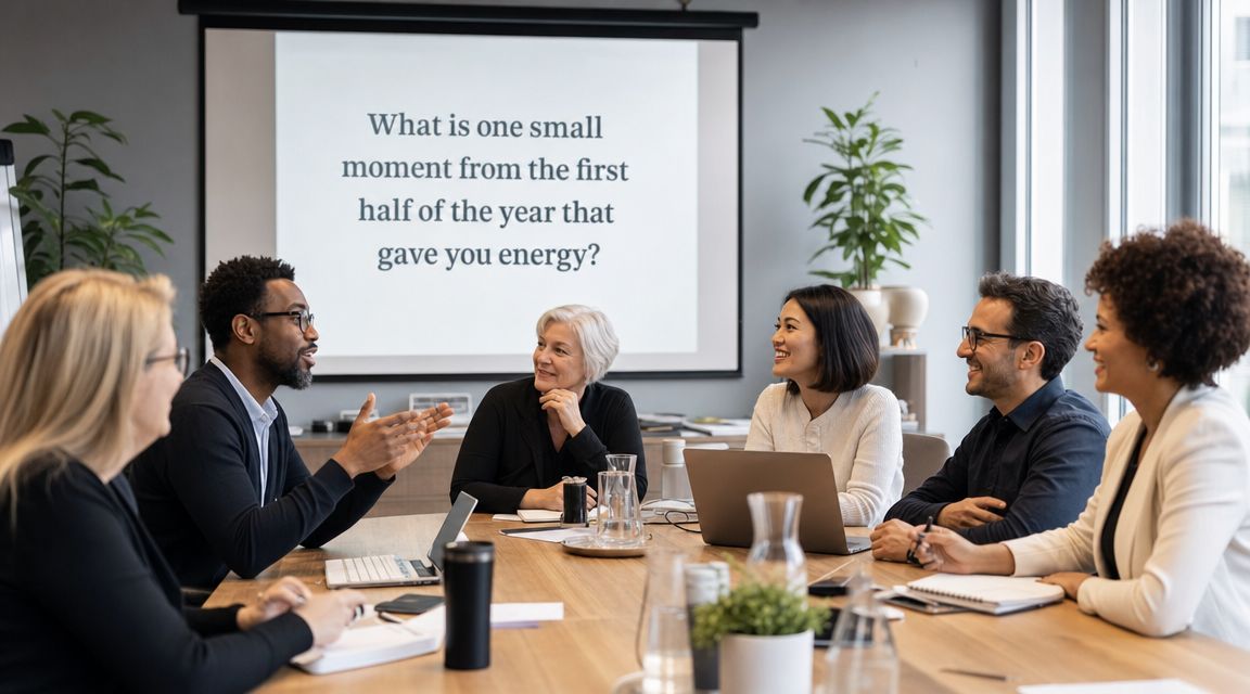 A diverse group of professionals discussing a prompt on a presentation screen during a meeting.