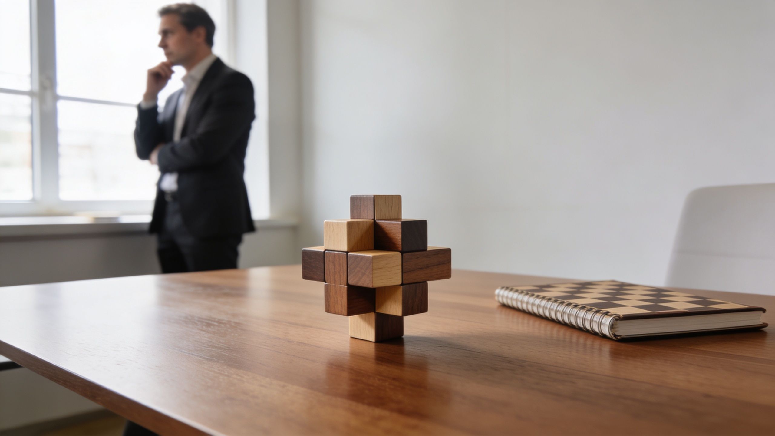 A professional in a suit contemplates while looking at a wooden cube puzzle on a desk.