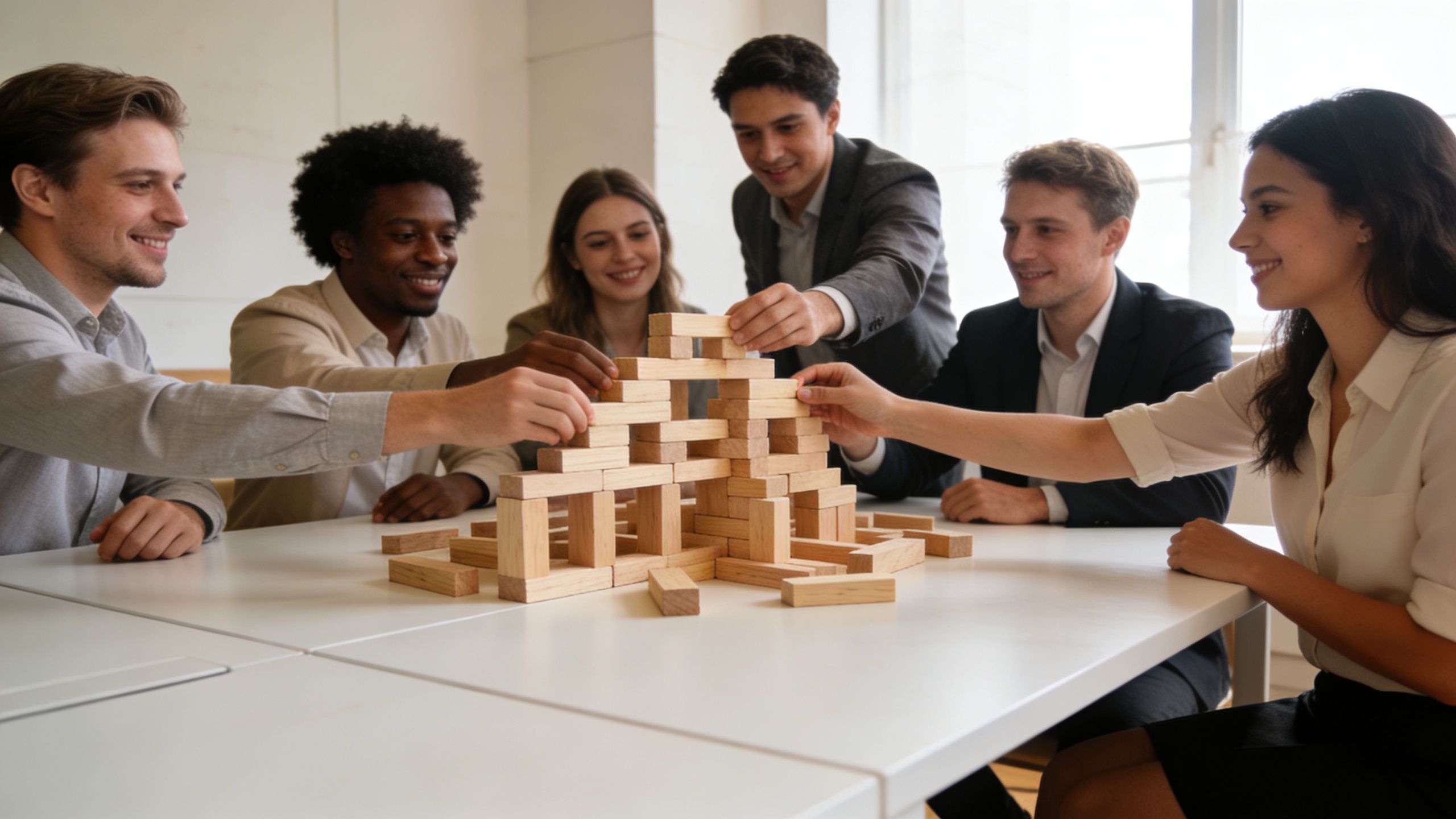 A diverse team of professionals collaboratively building a wooden block tower during a strategic business meeting.