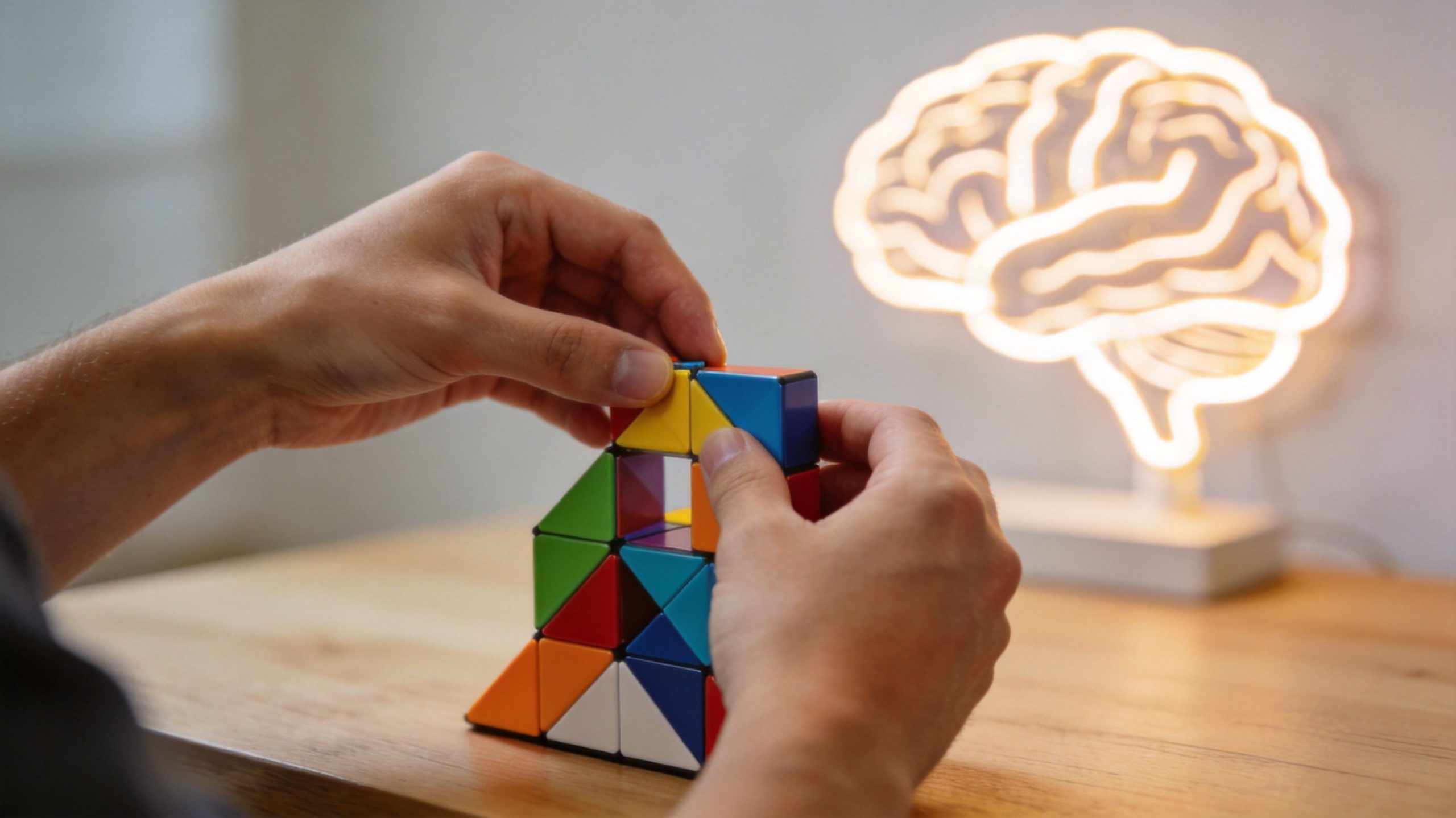A person assembling a colorful geometric puzzle on a wooden desk near a glowing neon brain light.