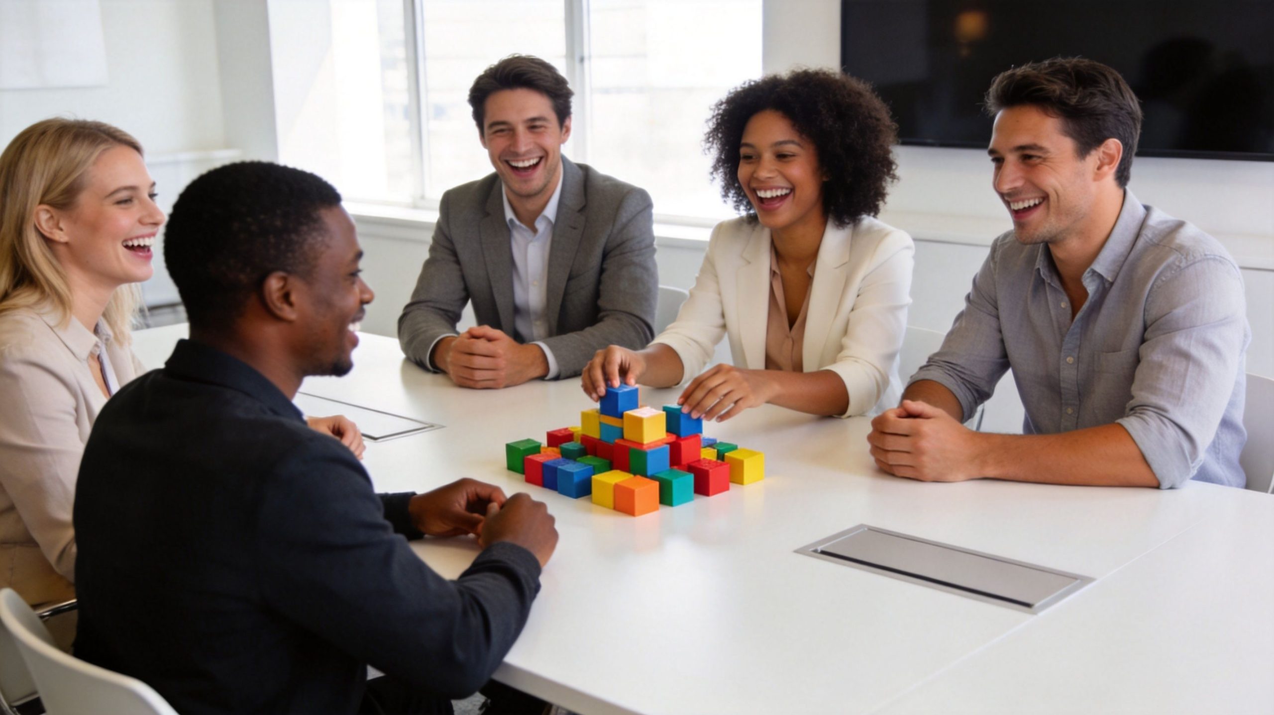 A diverse team of business professionals sitting around a table laughing while building a block tower.