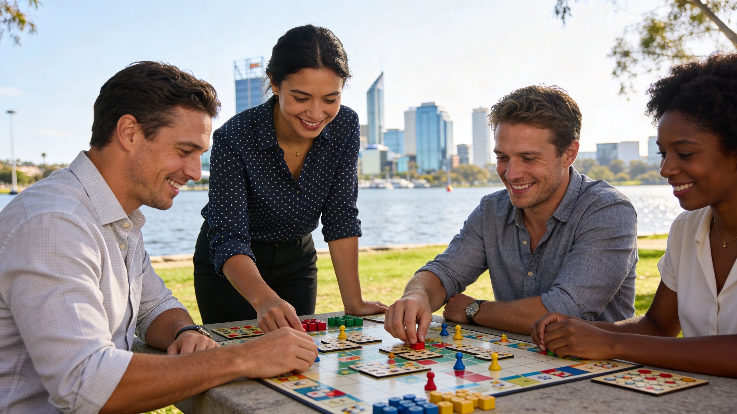A diverse group of four colleagues enjoying a board game together at a riverside park in Perth.