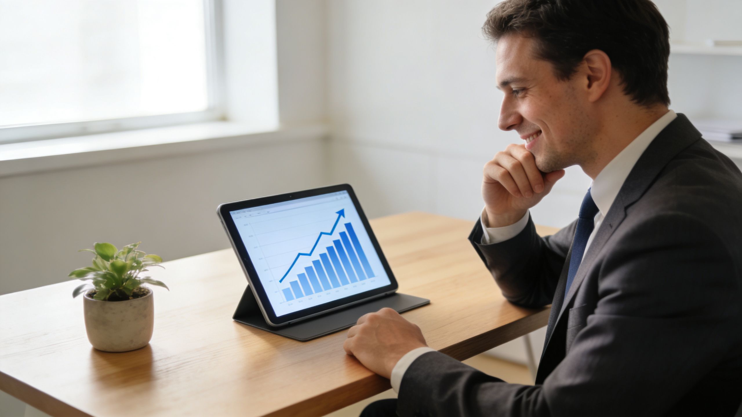 A professional man in a suit smiling at a tablet showing a growing business chart.