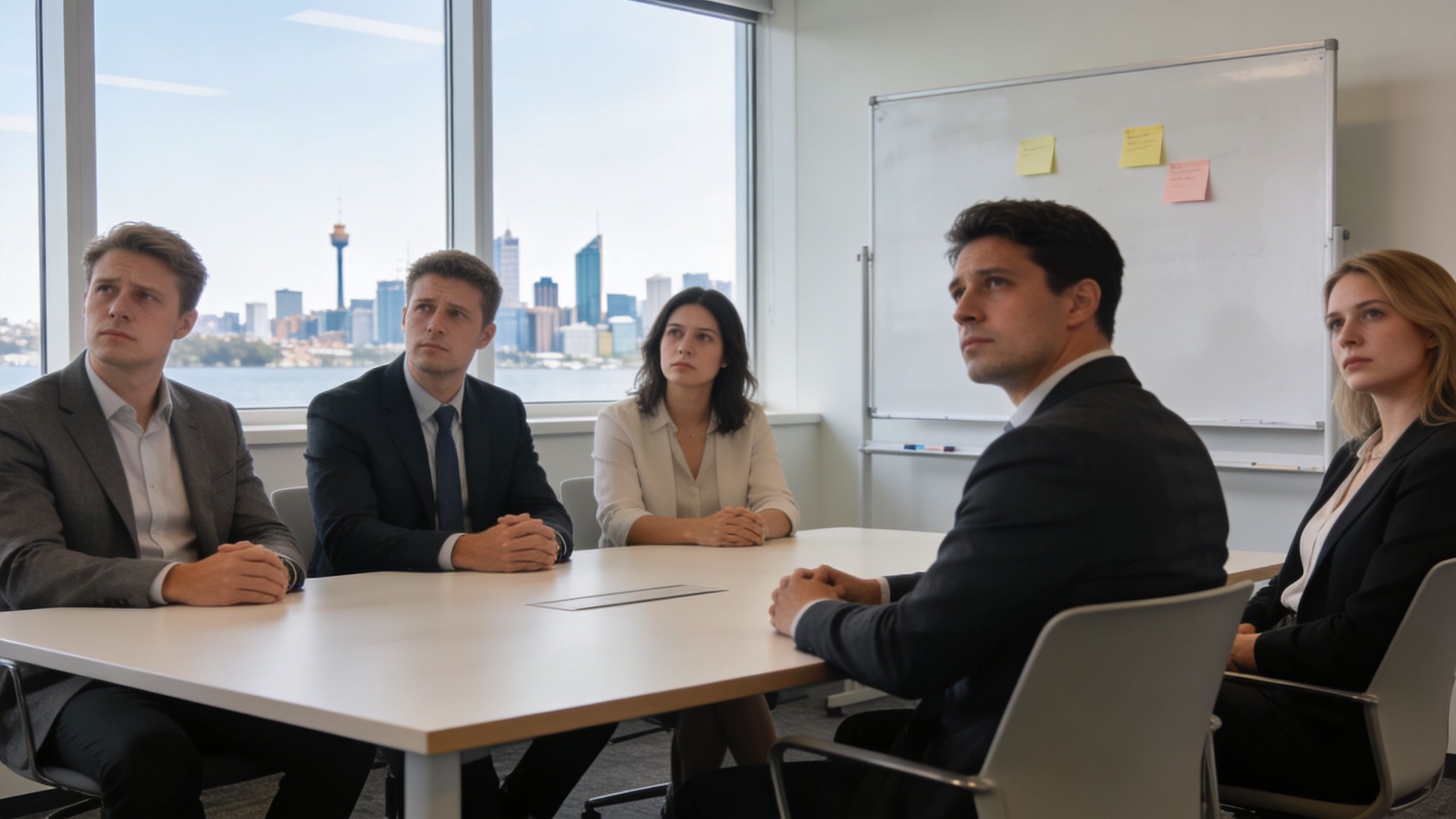 A professional business team sitting at a conference table during a meeting with a Perth city skyline.