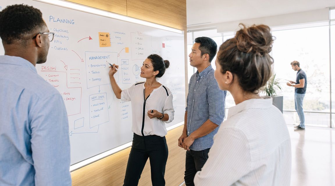 A professional team collaborating during a brainstorming session at a whiteboard in a bright office environment.