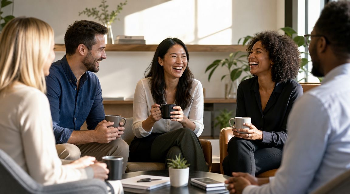 A diverse group of happy professionals drinking coffee and chatting during a team building meeting.