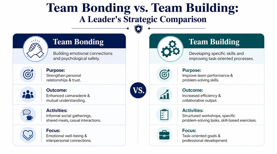 A comparison chart outlining the strategic differences between team bonding for emotional connections and team building for productivity.