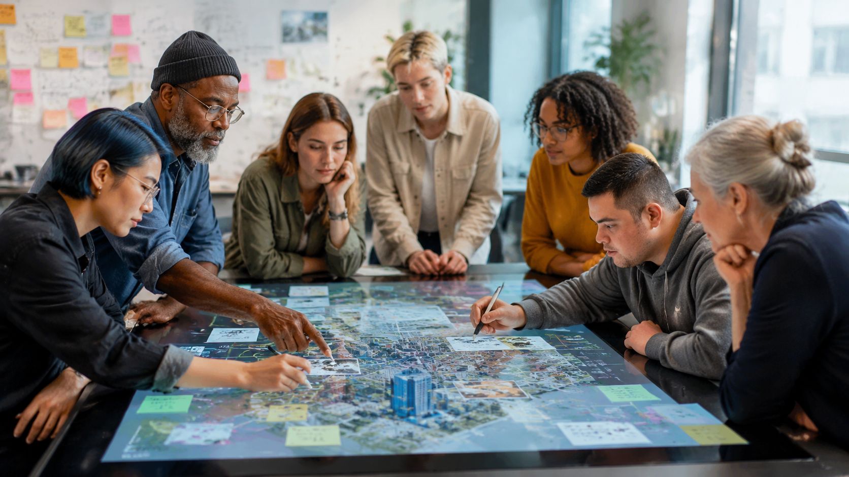 A diverse professional team collaborates around a large table, pointing and drawing on a city map layout.