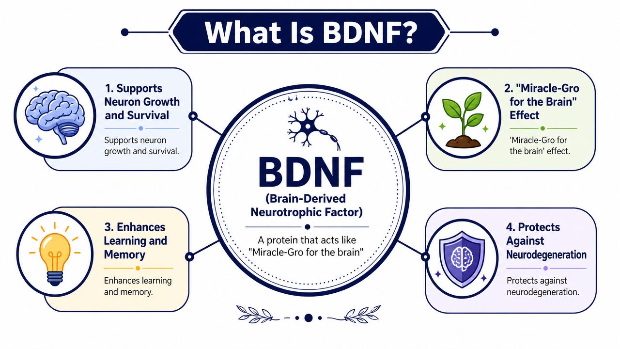 An infographic titled What Is BDNF, showing four key functions of Brain-Derived Neurotrophic Factor protein.