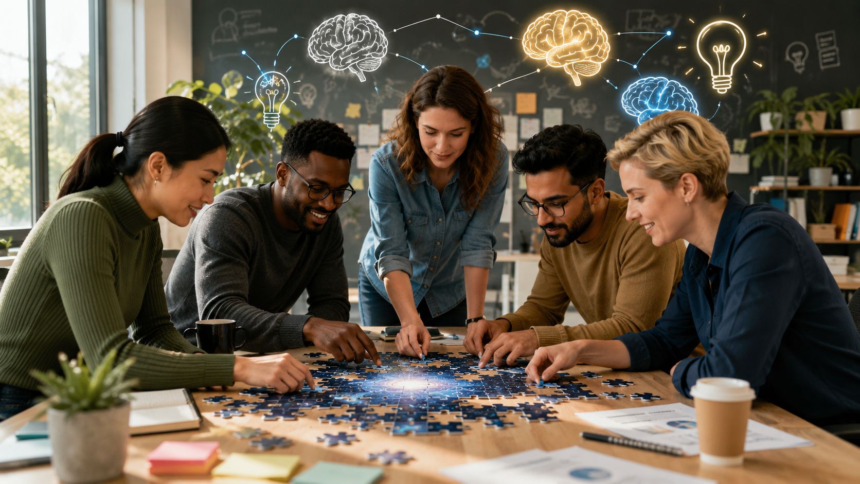 A diverse team of professionals collaboratively assembling a jigsaw puzzle representing brain function and idea generation.