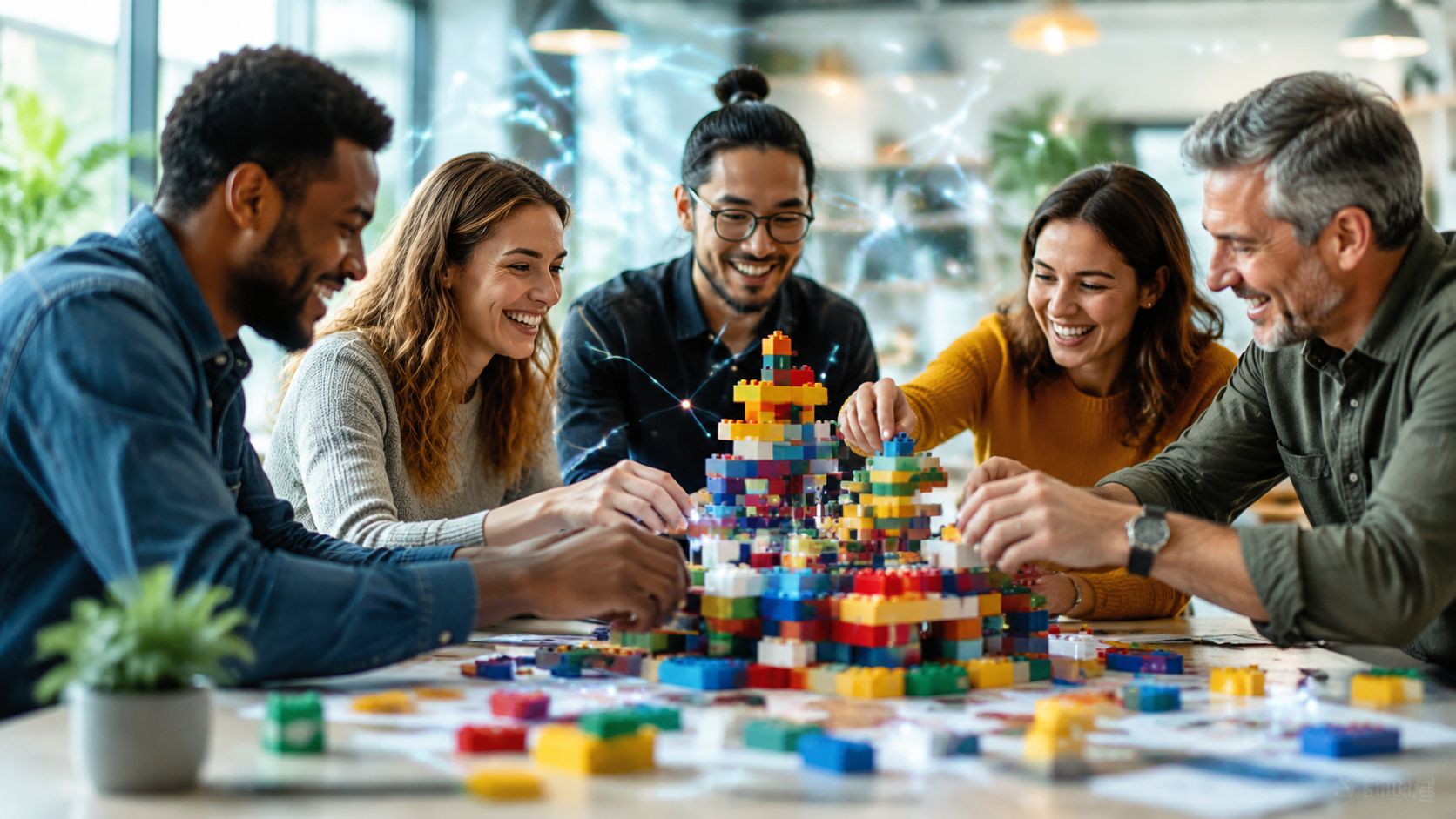 A diverse group of colleagues collaboratively building a large structure together with colorful plastic construction blocks.