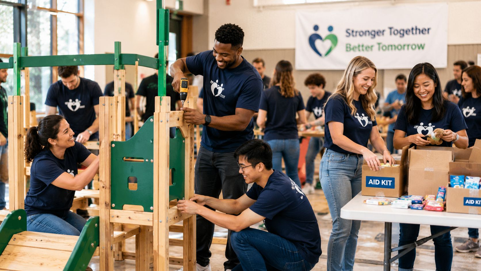 A diverse team of volunteers collaborating on community service projects, assembling playground equipment and packing aid kits together.