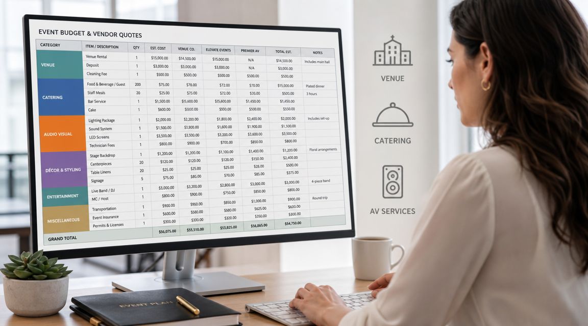 A woman sits at a desk reviewing an event budget and vendor quote spreadsheet on a computer monitor.