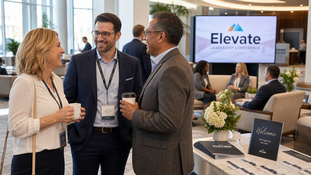 A professional group networking and smiling at an Elevate Leadership Conference event in a bright lobby.