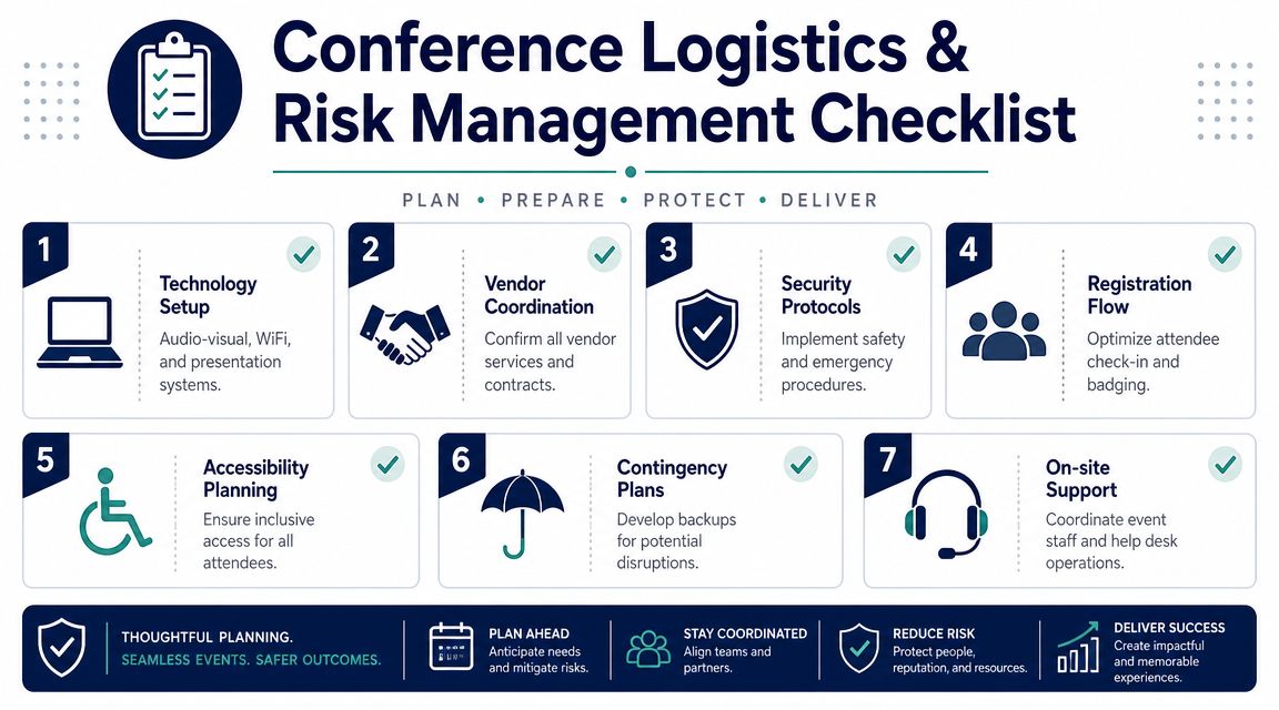 A comprehensive 7-step conference logistics and risk management checklist for planning, preparing, protecting, and delivering successful events.
