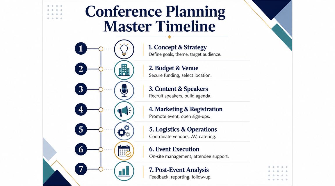 A 7-step flowchart titled Conference Planning Master Timeline outlining the event management process from concept to analysis.