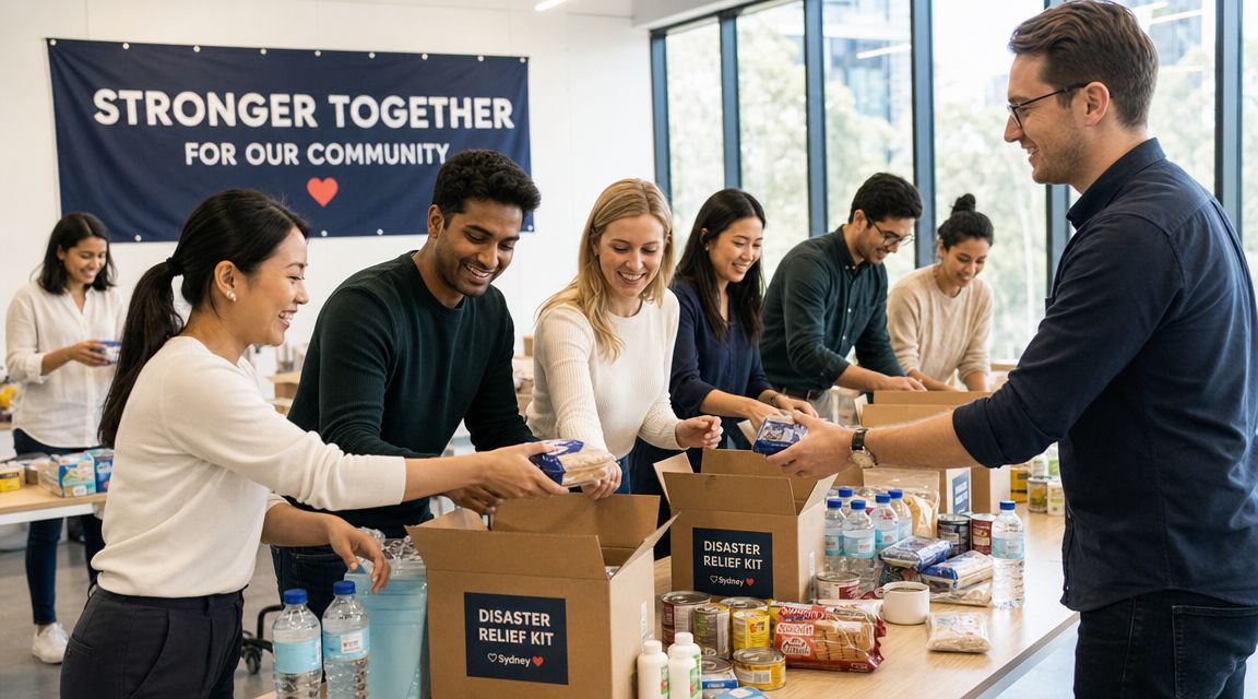 A diverse group of volunteers packaging disaster relief kits in a bright Sydney office setting.