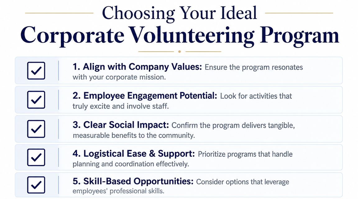 A list of five essential tips for choosing an ideal corporate volunteering program for businesses.
