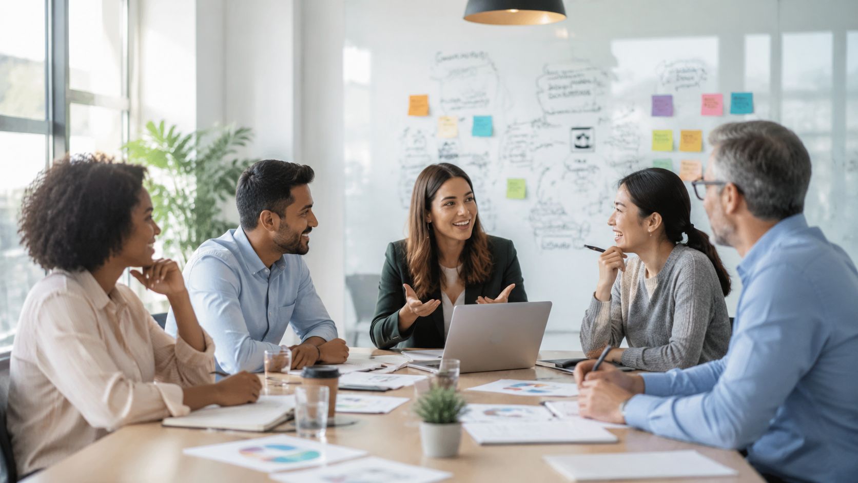 A diverse team of professionals collaborating and smiling during a business meeting in a modern office.