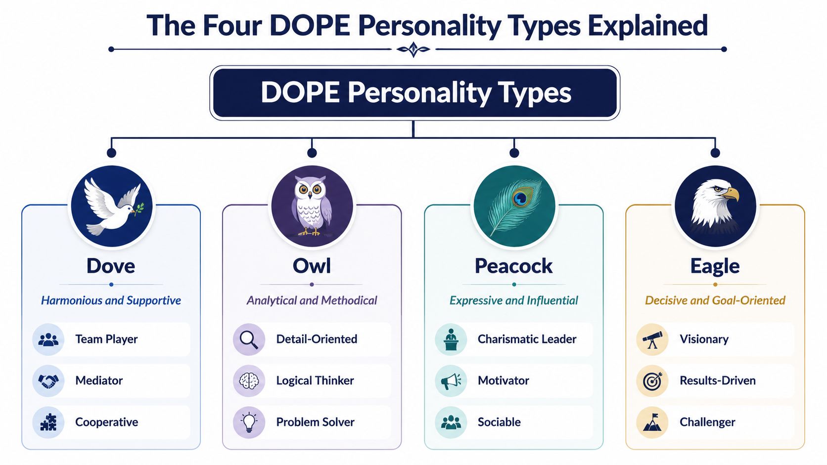 An infographic titled The Four DOPE Personality Types displaying characteristics for Dove, Owl, Peacock, and Eagle personalities.