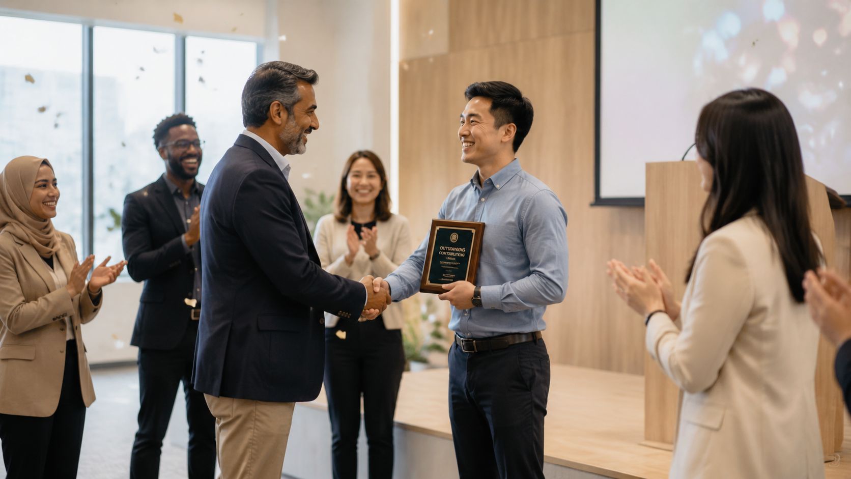A professional manager presenting an award to a smiling employee during a corporate recognition event.