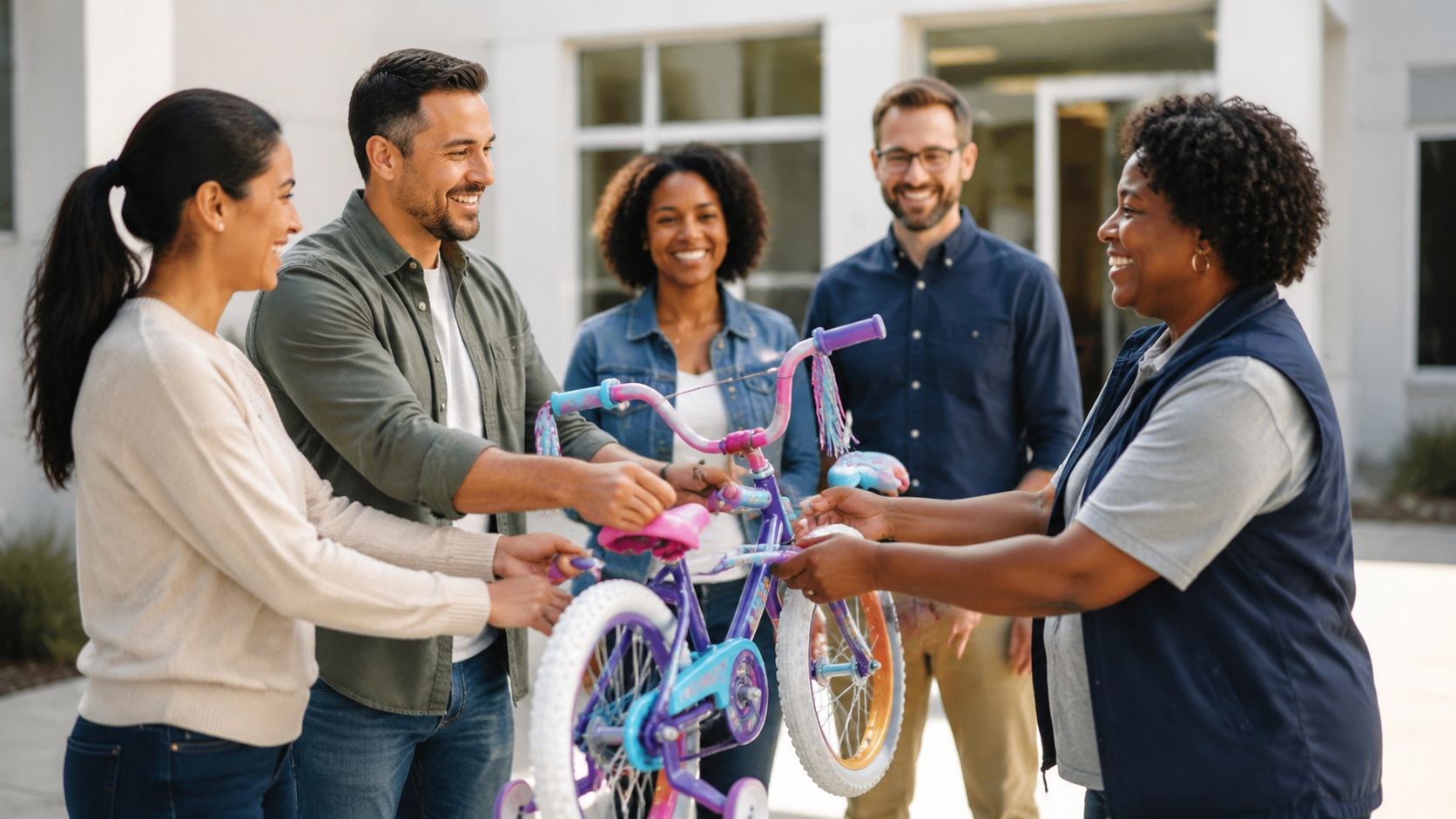 A diverse group of adults smiling while presenting a purple bicycle to a woman in a vest.